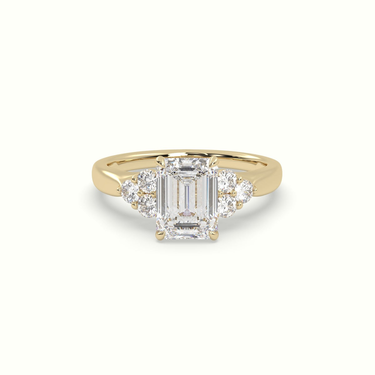 Emerald Cut Diamond Side Stone Engagement Ring — Yellow Gold