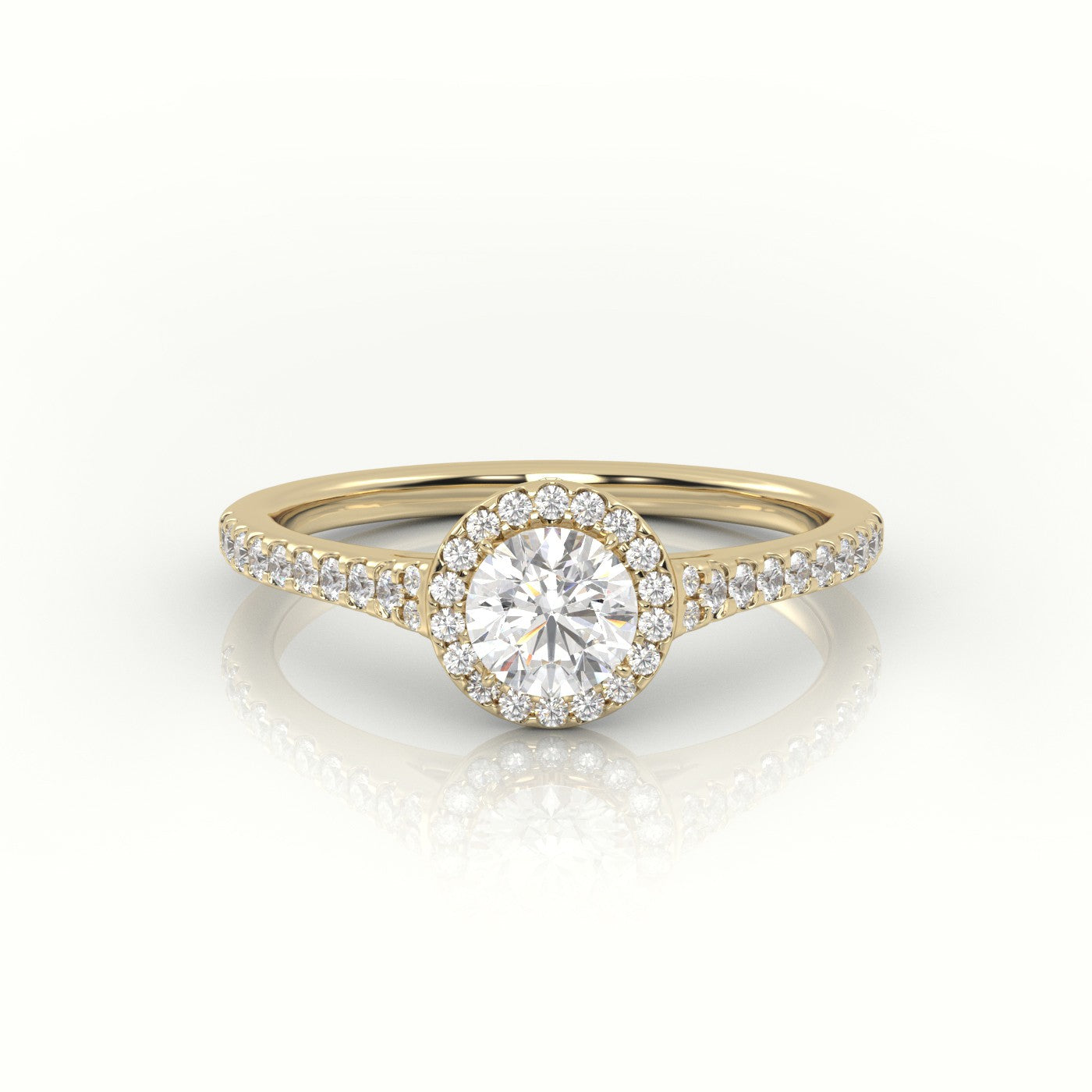 Round Cut Diamond Halo Scallop Setting Engagement Ring — Yellow Gold
