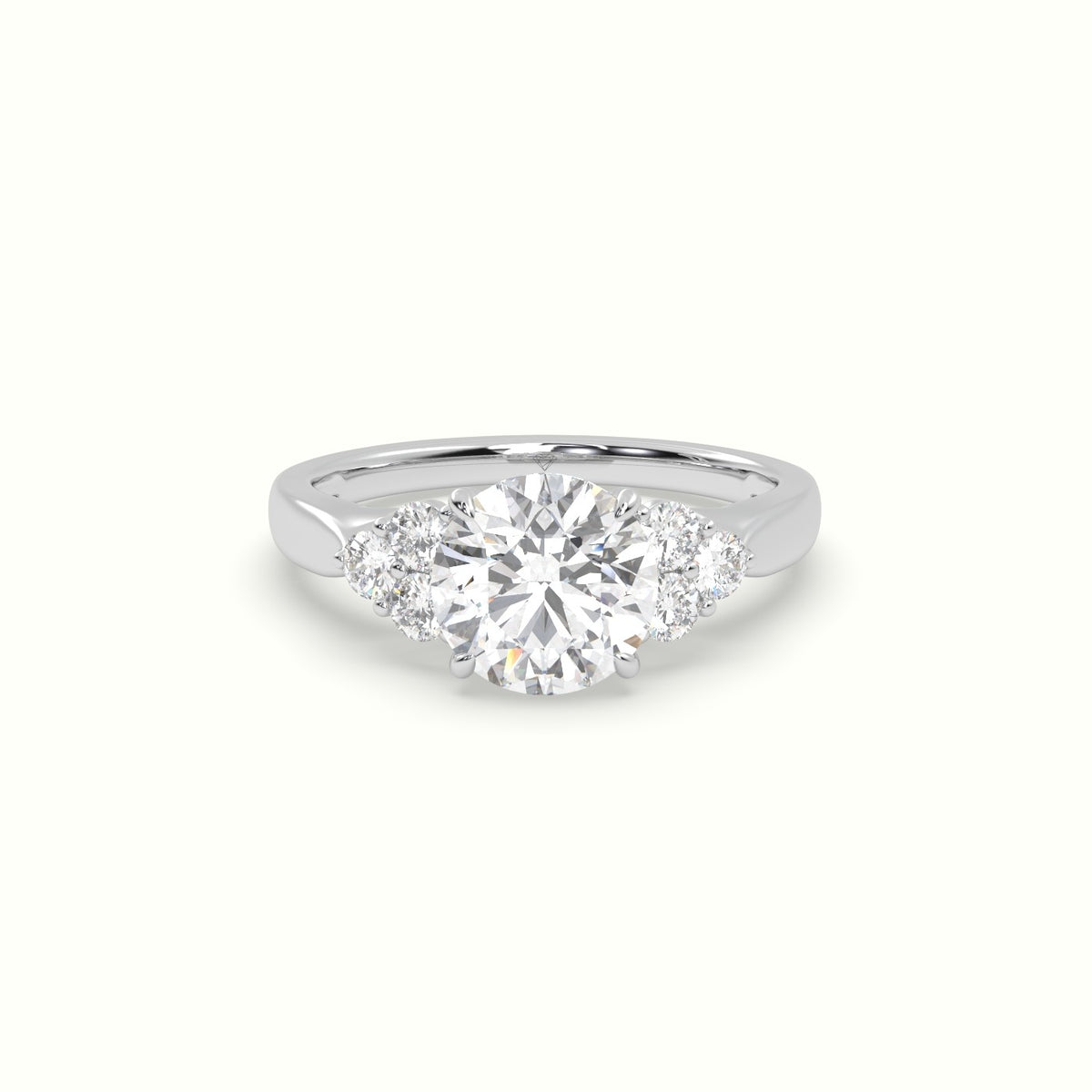 Round Cut Diamond Side Stone Engagement Ring — White Gold