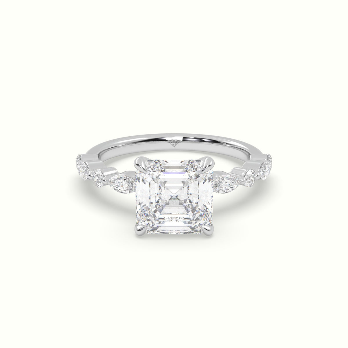 Asscher Cut Diamond Engagement Ring With Marquise And Round Side Stones — White Gold