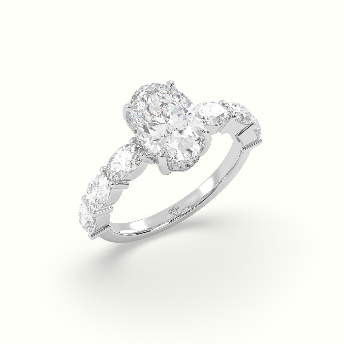 Oval Diamond Engagement Ring With Side Ovals — White Gold