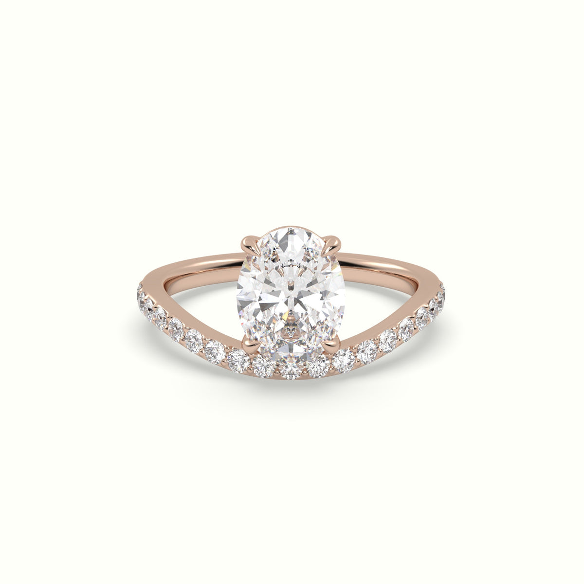 Oval Diamond Solitaire Curved Pavé Engagement Ring — Rose Gold