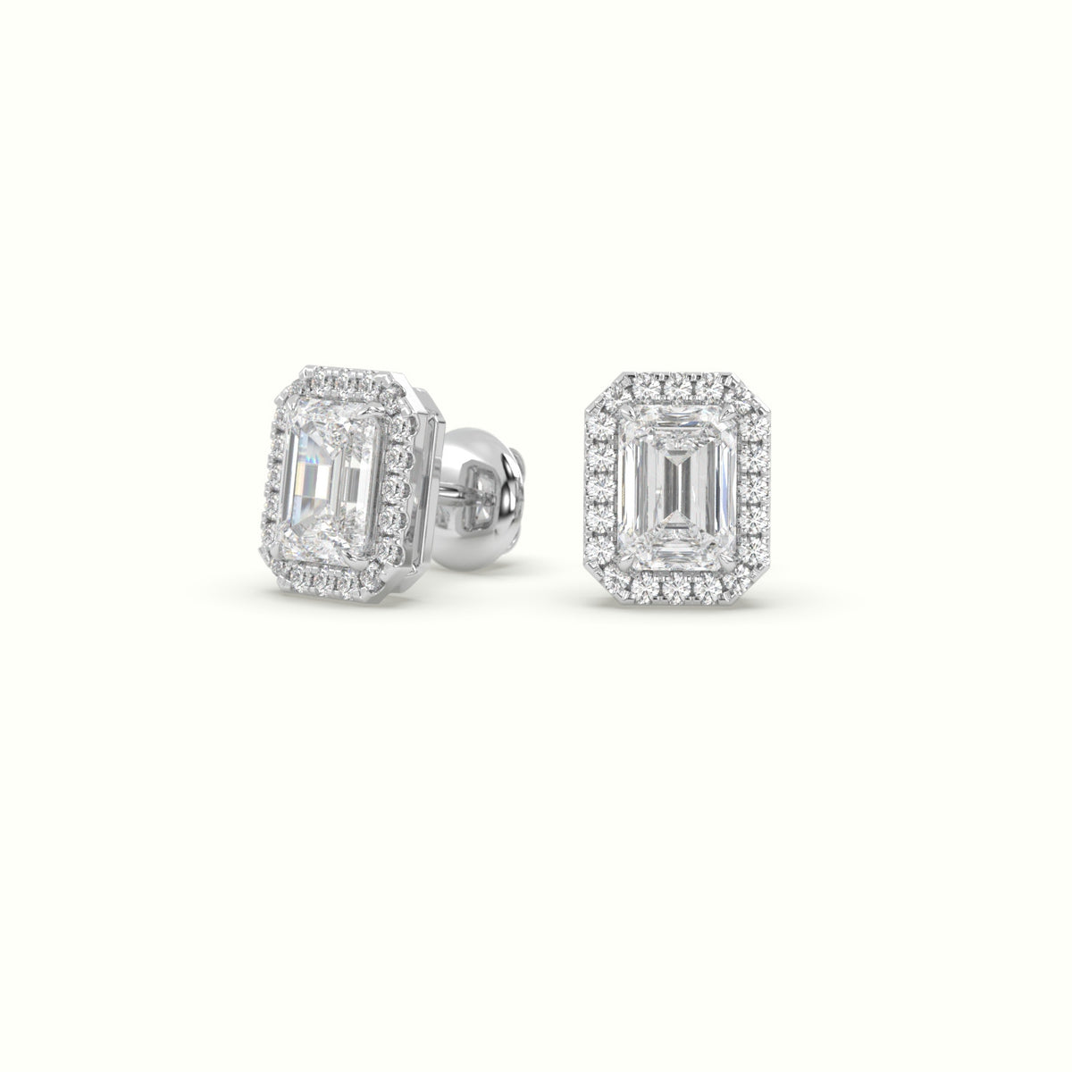 Emerald Cut Solitaire Lab-Grown Diamond Halo Stud Earrings 18K White Gold