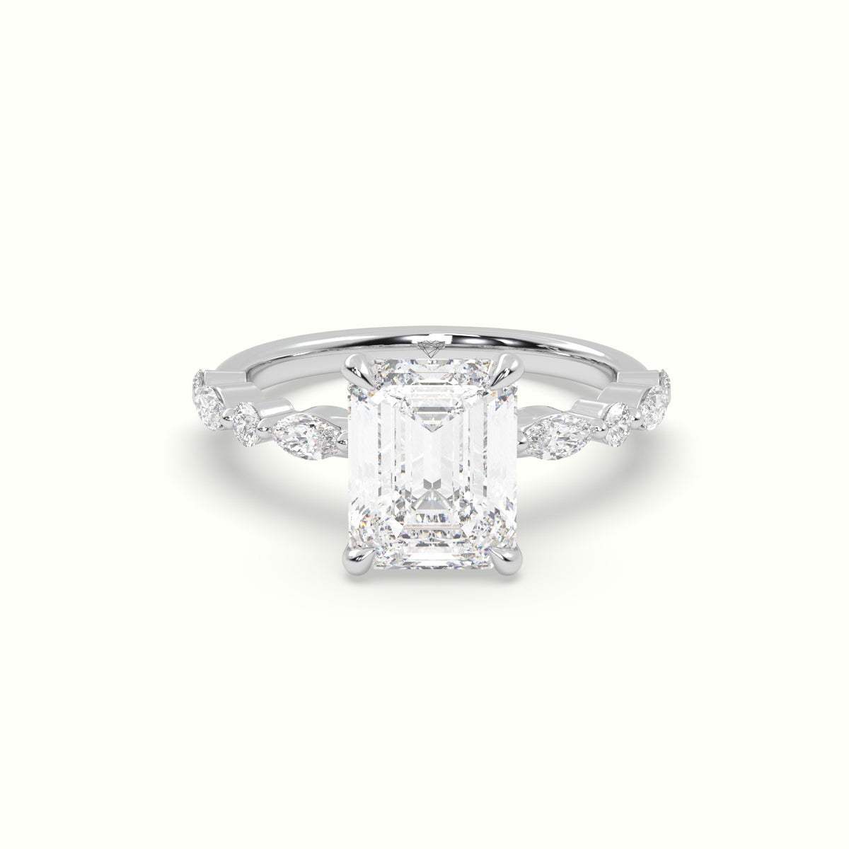 Emerald Cut Diamond Engagement Ring With Marquise And Round Side Stones — White Gold