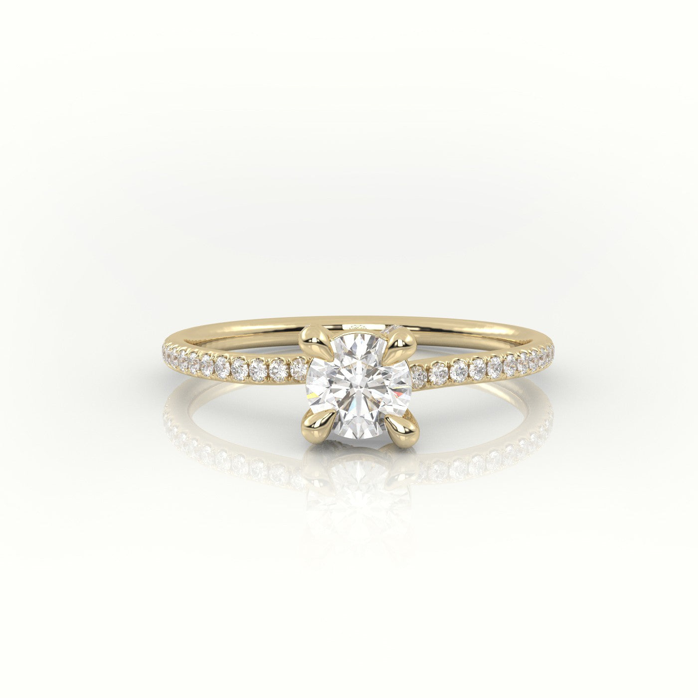 Round Brilliant Cut Diamond 4 Prongs Pave Setting Engagement Ring — Yellow Gold