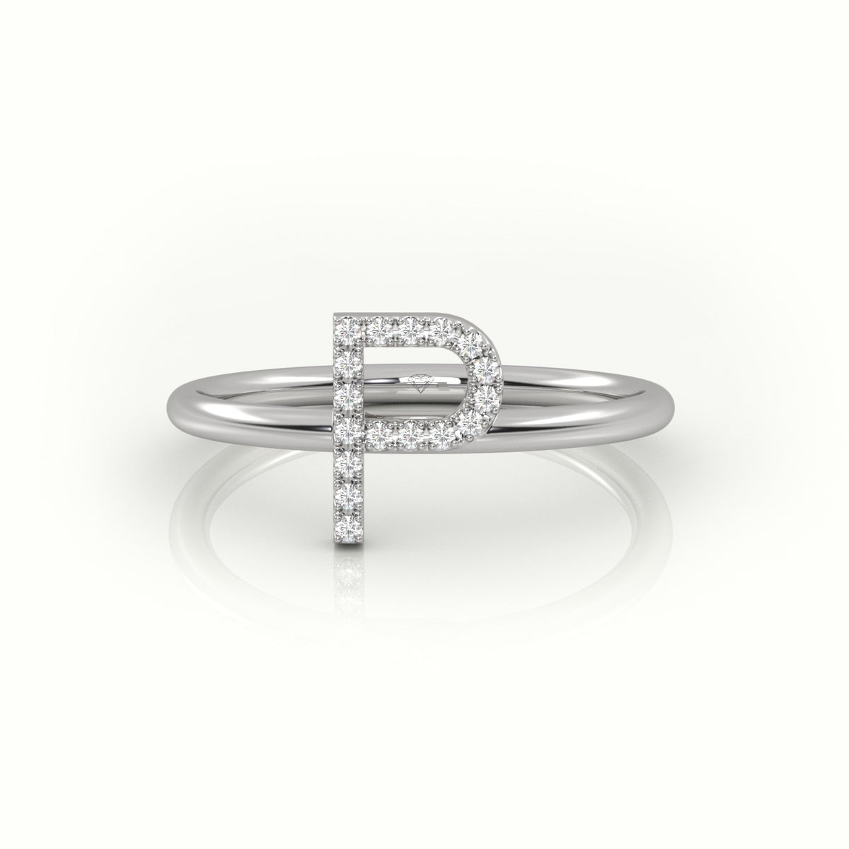 Round Cut Diamonds “P” Initials Monogram Alphabet Ring — White Gold