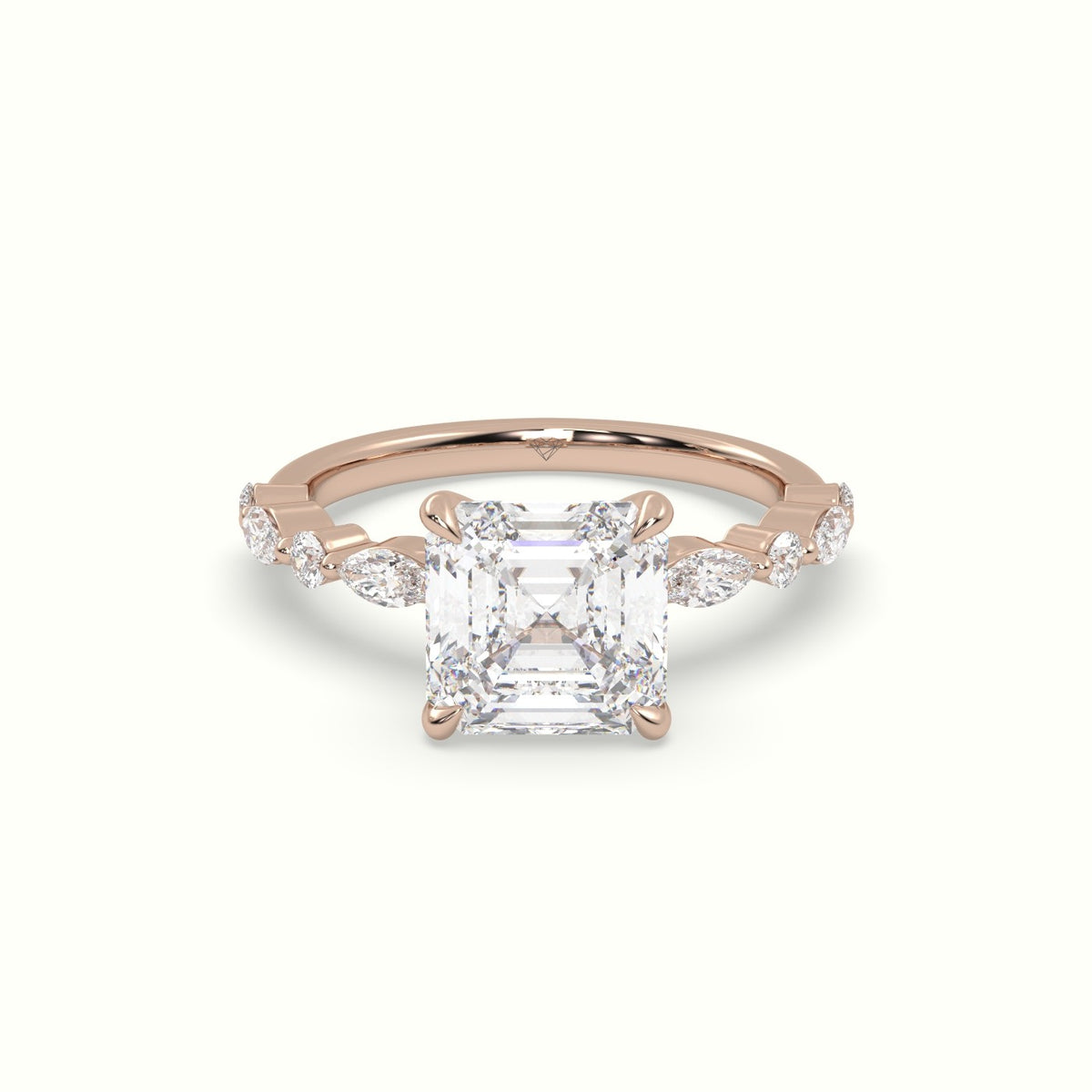 Asscher Cut Diamond Engagement Ring With Marquise And Round Side Stones — Rose Gold
