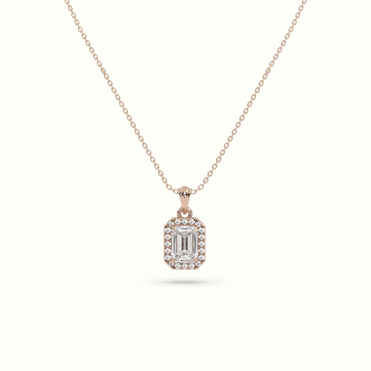 Emerald Cut Solitaire Halo Diamond Pendant — Rose Gold