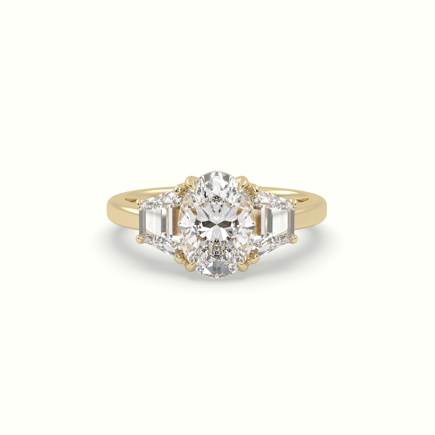 Oval Diamond Trilogy Trapezium Engagement Ring — Yellow Gold