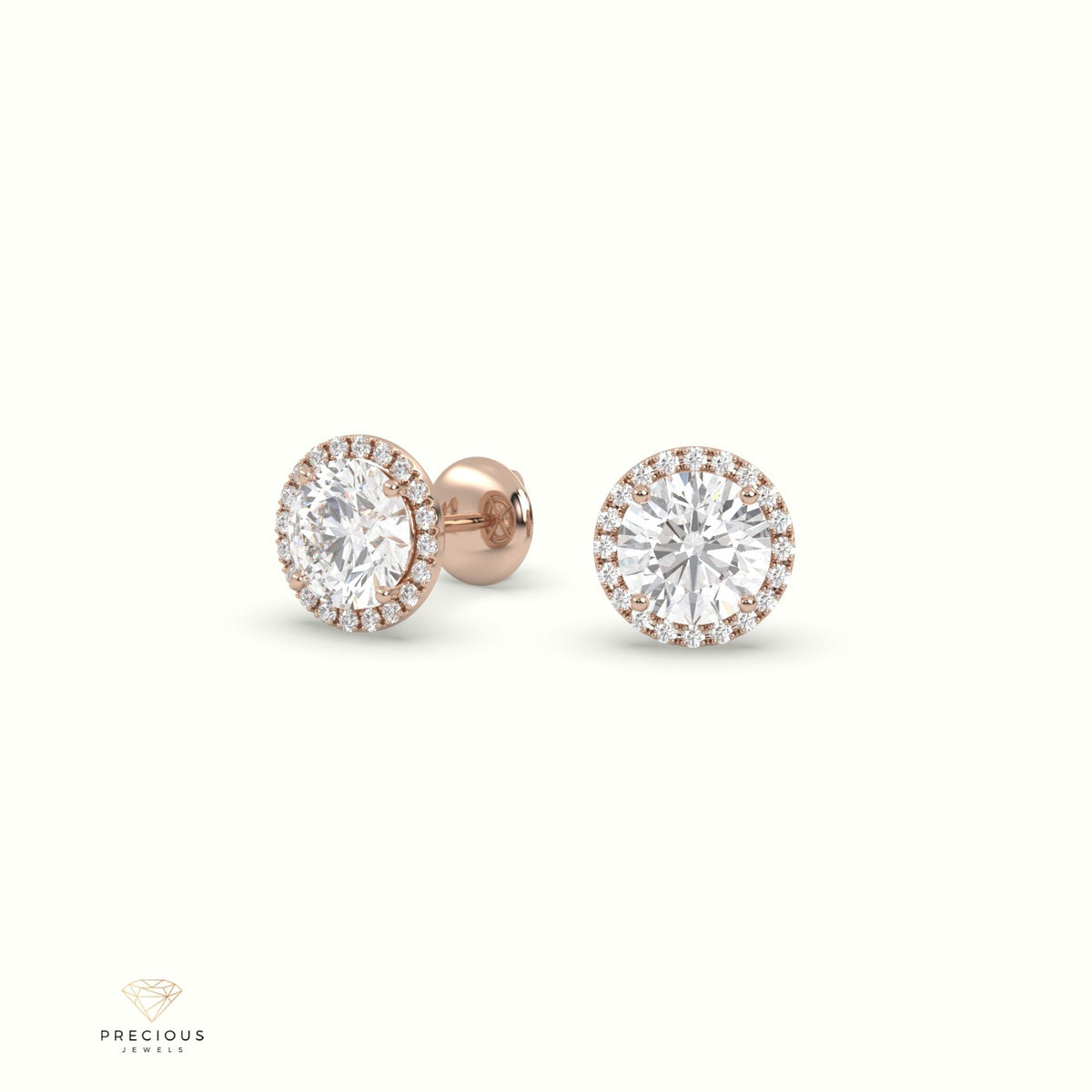 4 Prong Round Lab-Grown Diamond Halo Stud Earrings 18K Rose Gold