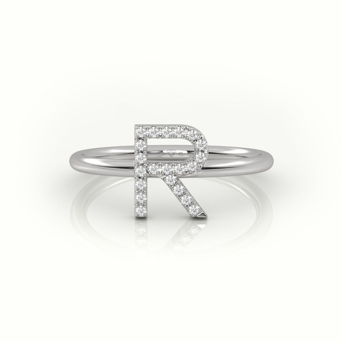 Round Cut Diamonds “R” Initials Monogram Alphabet Ring — White Gold