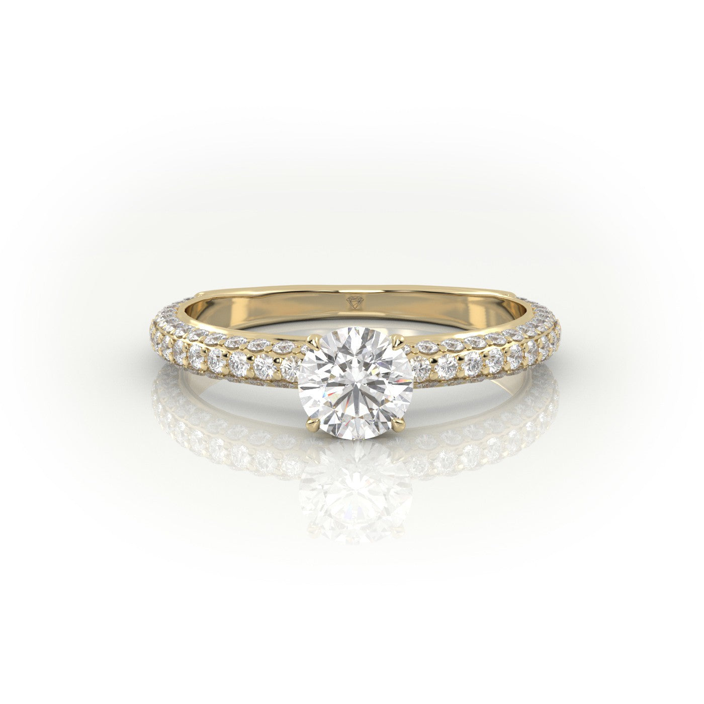 Round Cut 4 Prongs Pave Set Engagement Ring — Yellow Gold