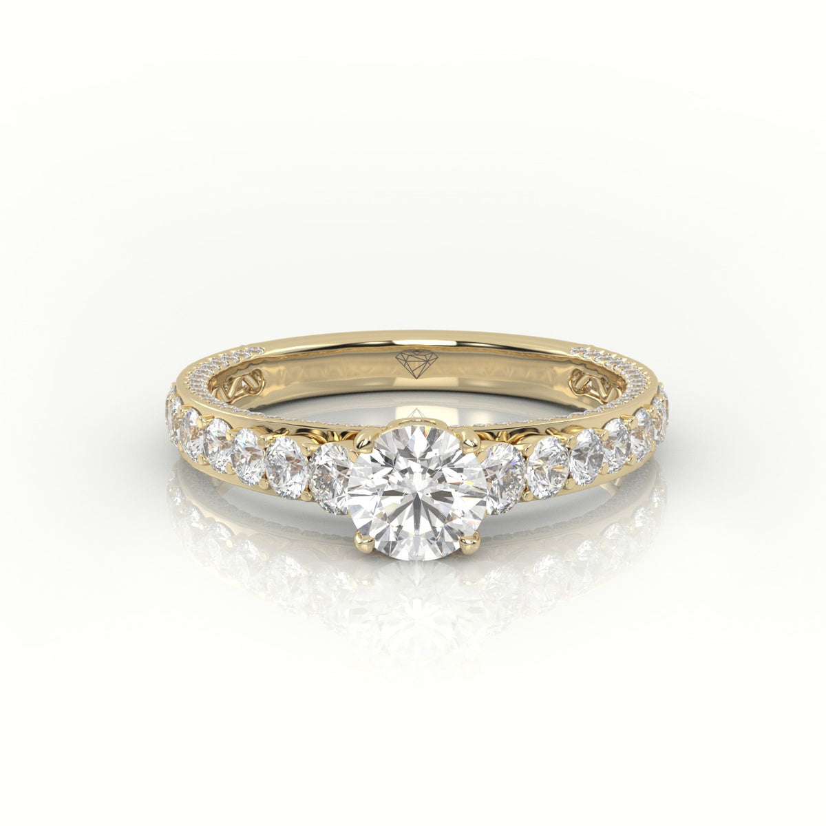 Round Cut Diamond 4 Prongs Pave Setting Engagement Ring — Yellow Gold