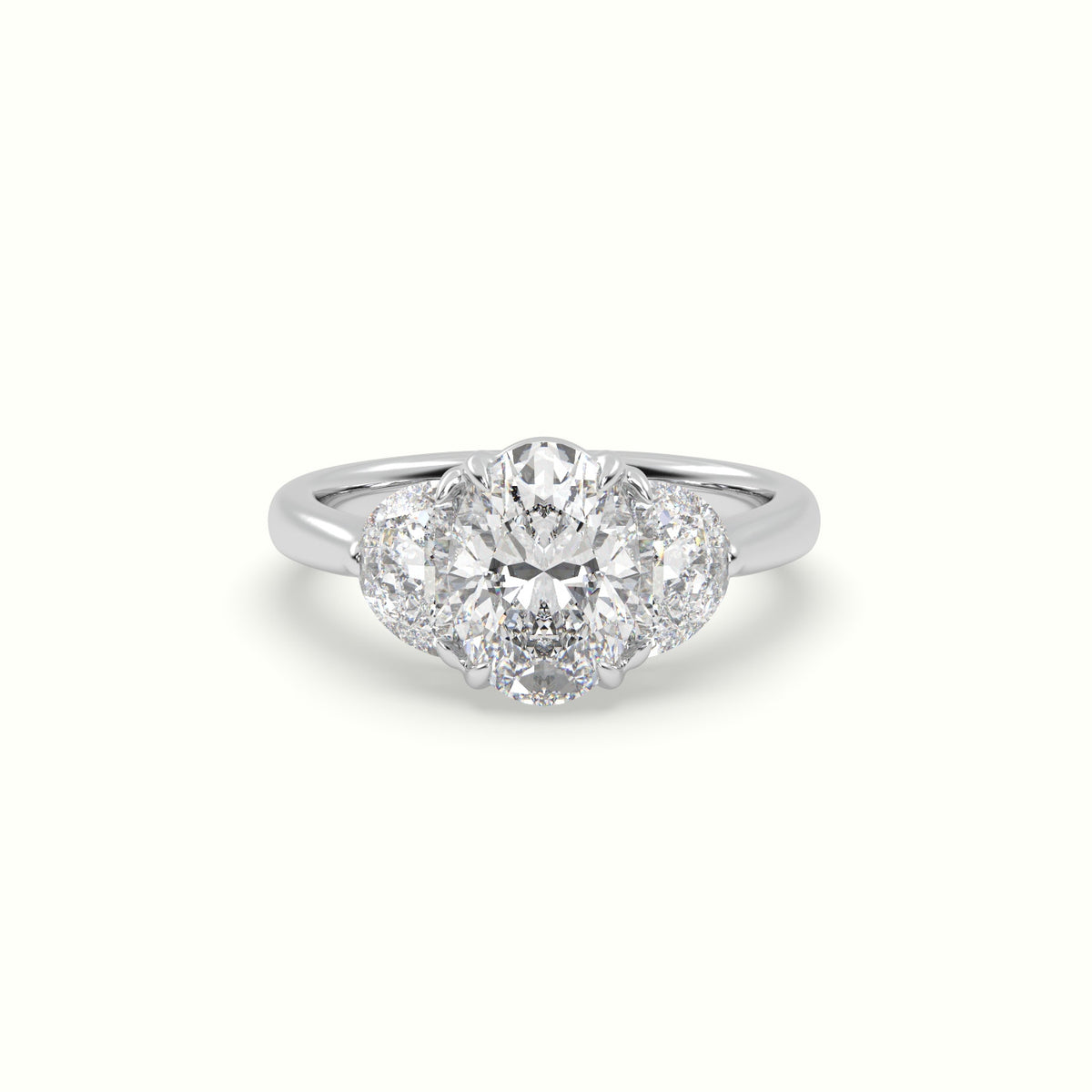 Oval Diamond Trilogy Half Moon Engagement Ring — White Gold