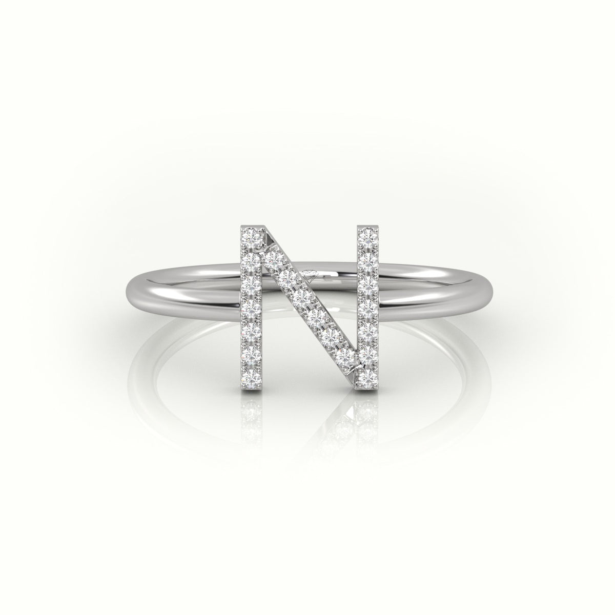 Round Cut Diamonds “N” Initials Monogram Alphabet Ring — White Gold