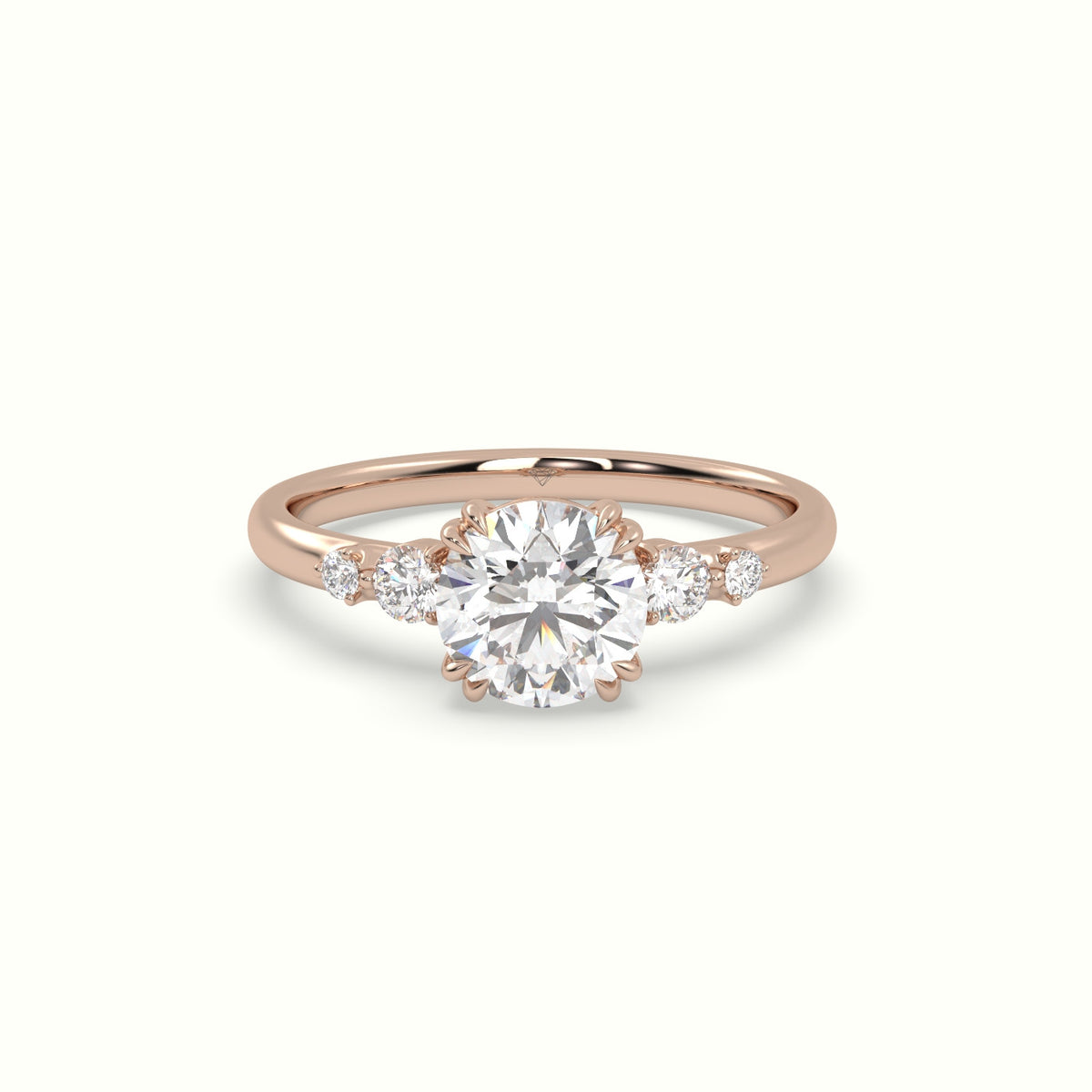 Round Diamond Solitaire Side Stone Engagement Ring — Rose Gold
