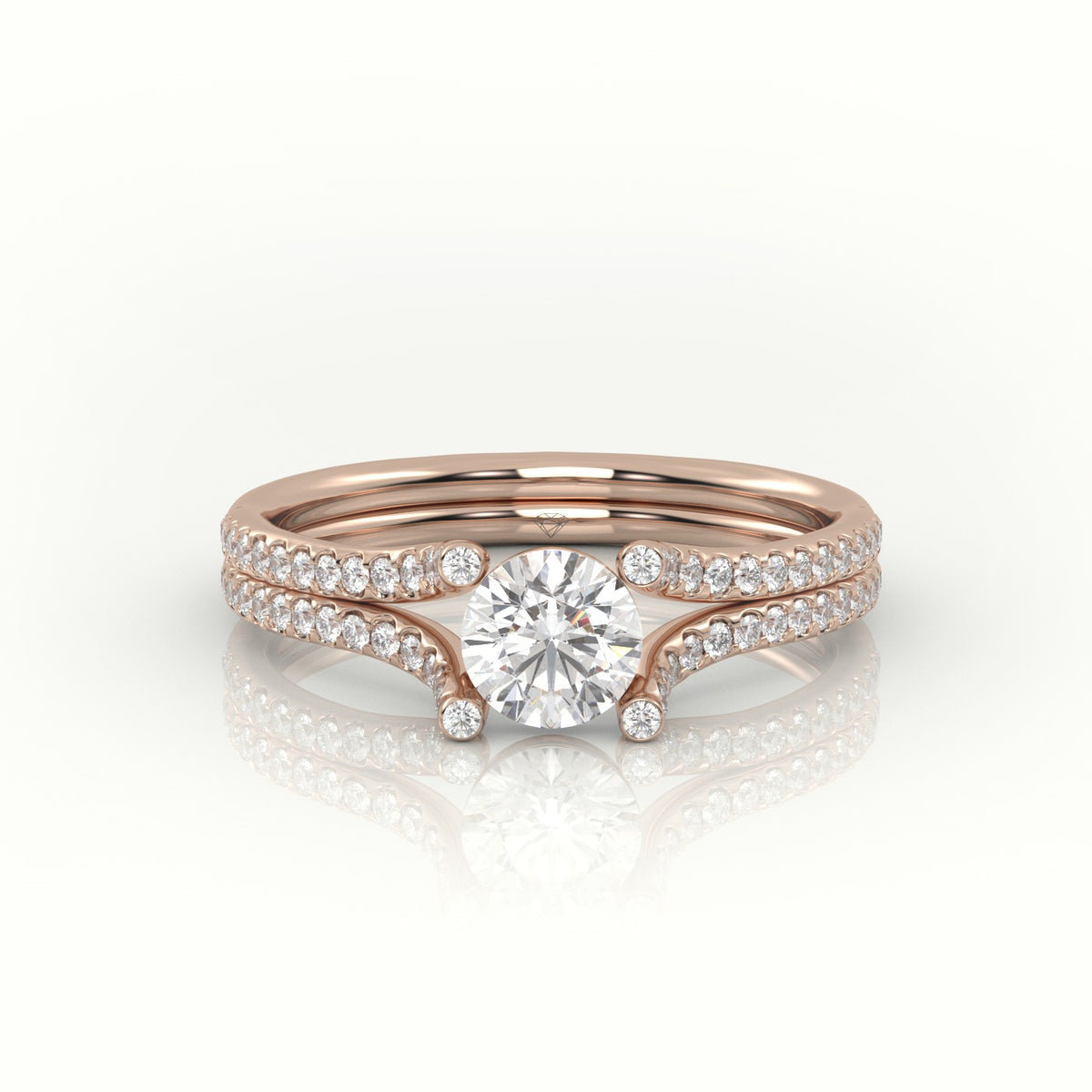 Round Cut Diamond Scallop Setting Designer Engagement Ring — Rose Gold