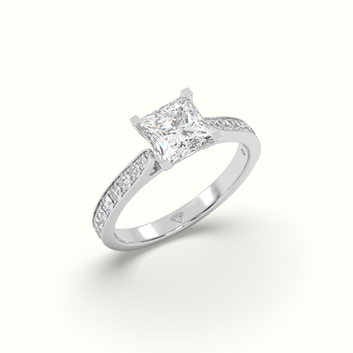 Princess Cut Diamond Engagament Ring With Pave Setting — White Gold