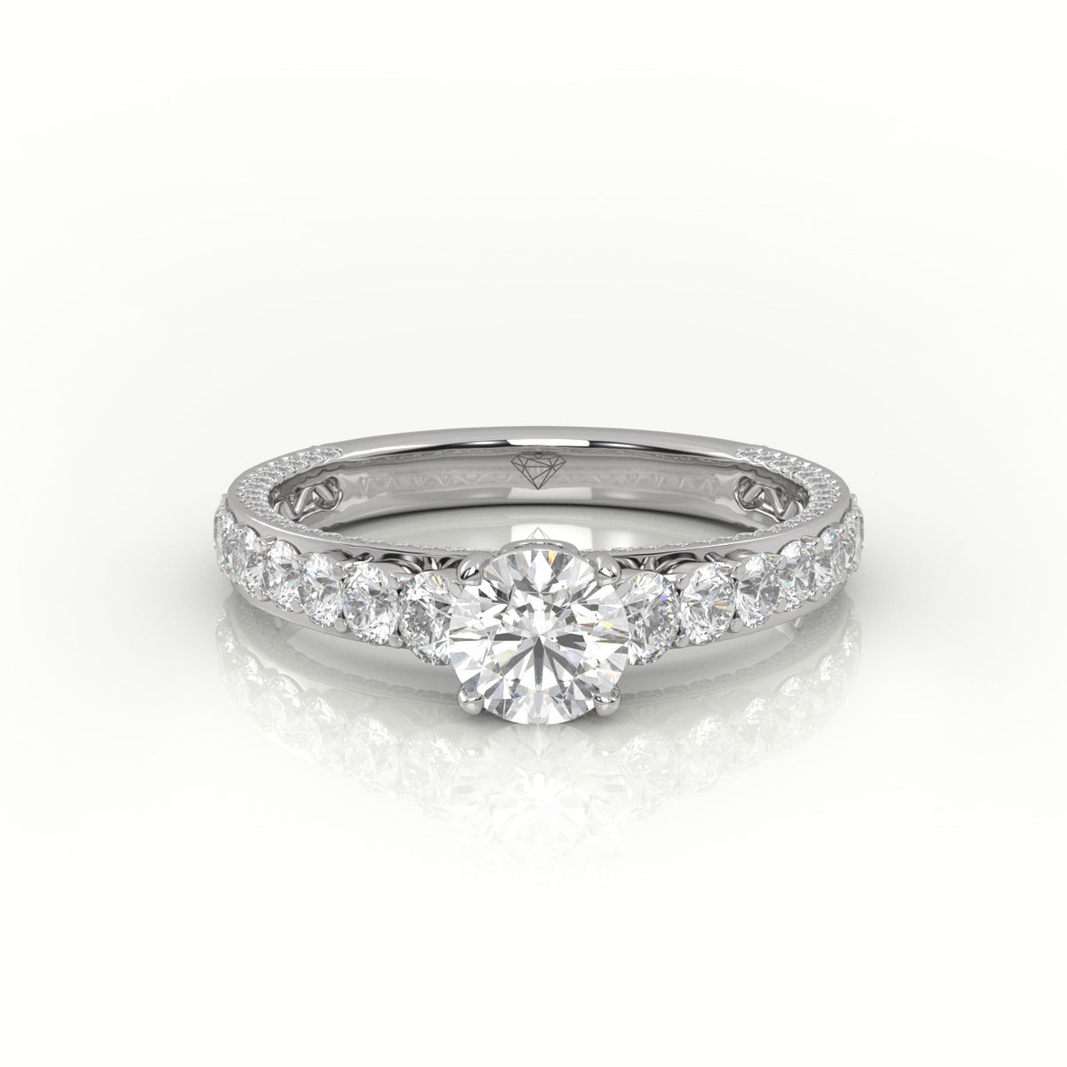 Round Cut Diamond 4 Prongs Pave Setting Engagement Ring — White Gold