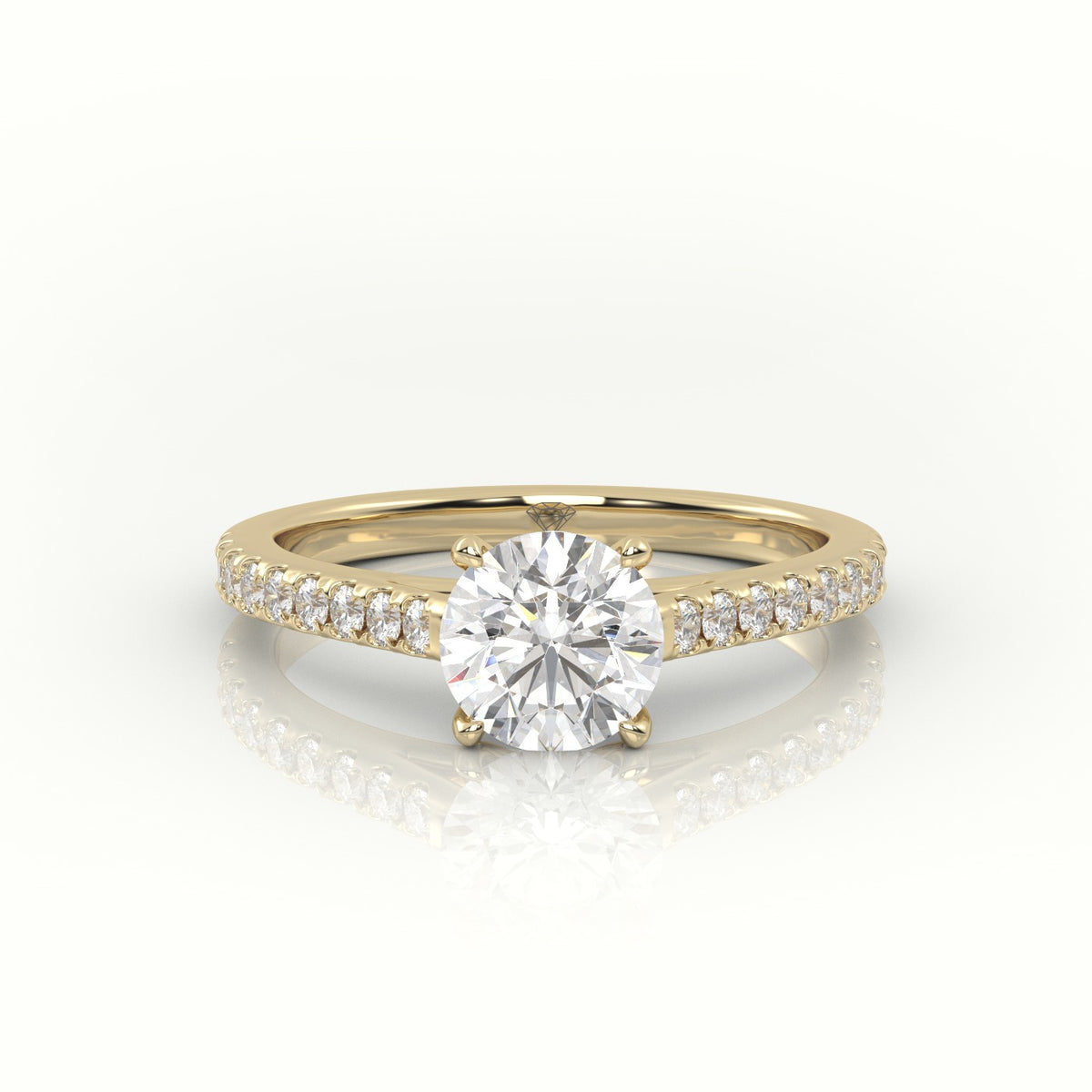 Round Cut Diamond Pave Setting Engagement Ring — Yellow Gold