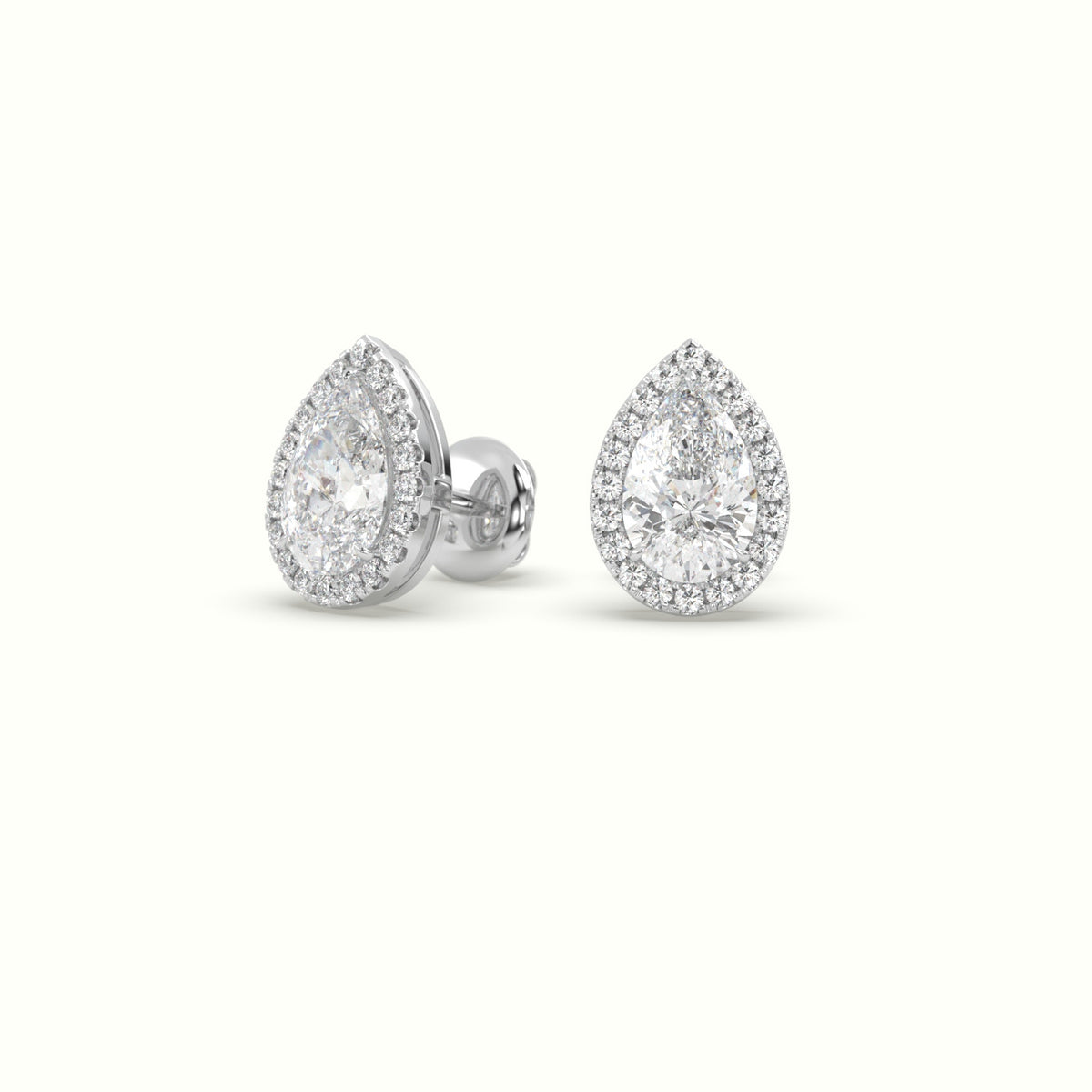 Pear Cut Solitaire Lab-Grown Diamond Halo Stud Earrings 18K White Gold