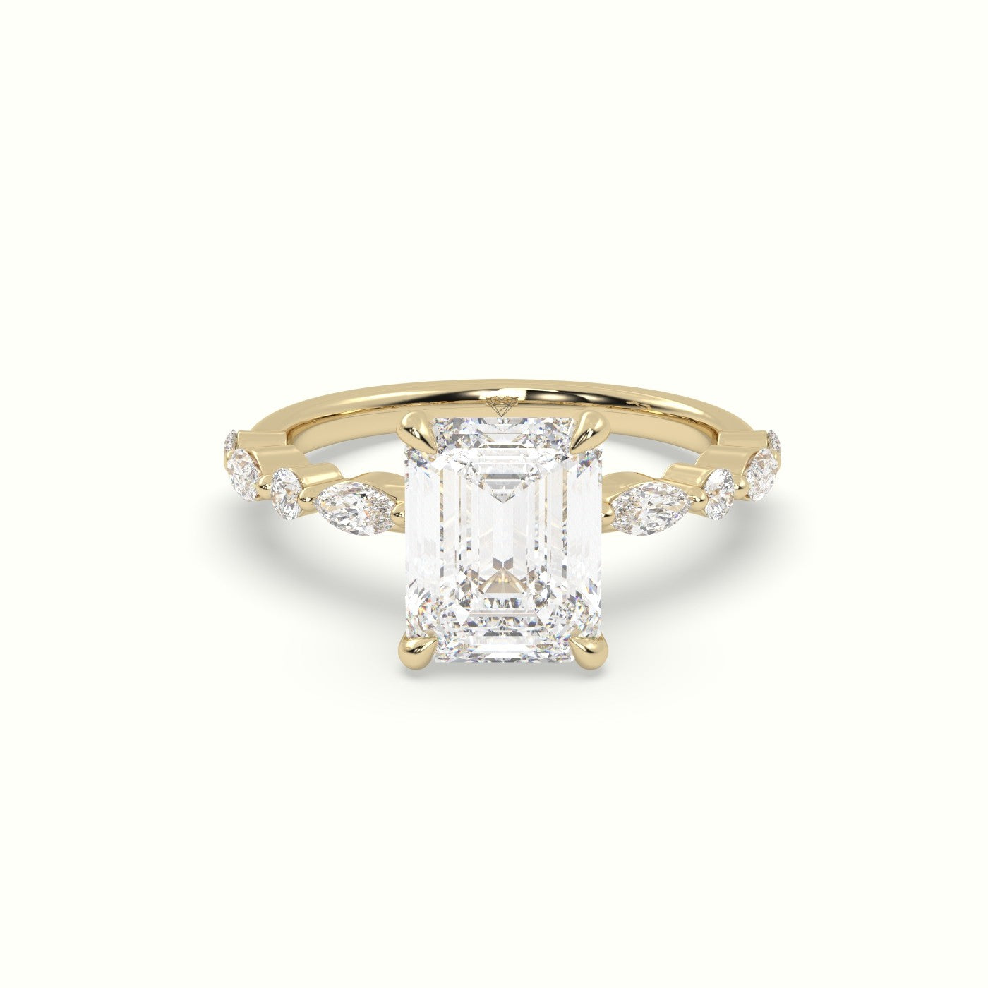 Emerald Cut Diamond Engagement Ring With Marquise And Round Side Stones — Yellow Gold