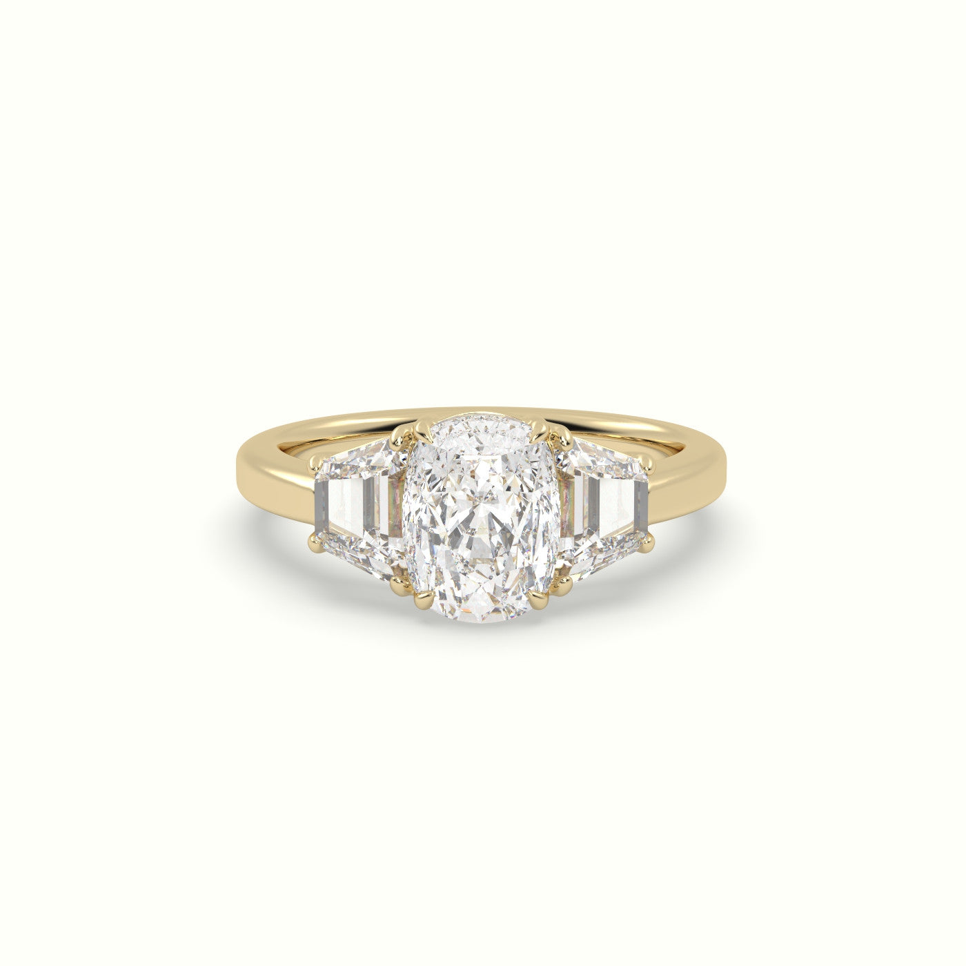 Cushion Diamond Trilogy Trapezium Engagement Ring — Yellow Gold