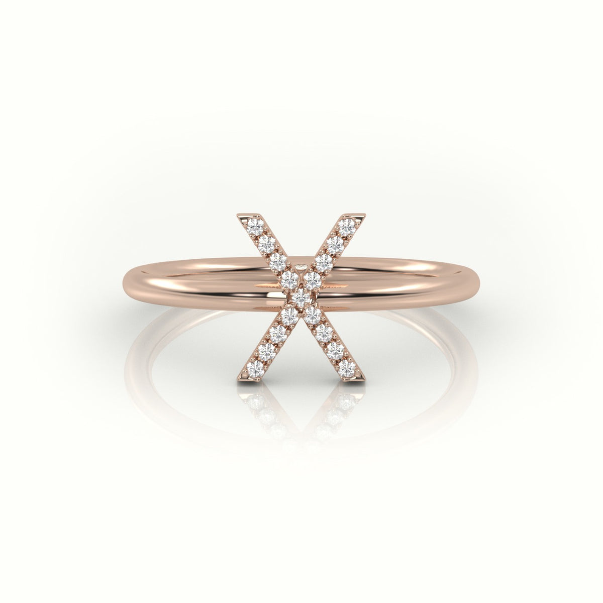 Round Cut Diamonds “X” Initials Monogram Alphabet Ring — Rose Gold
