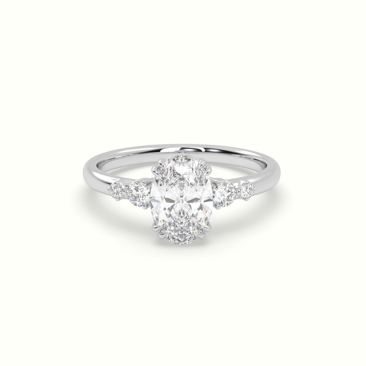 Oval Diamond Solitaire Side Stone Engagement Ring — White Gold