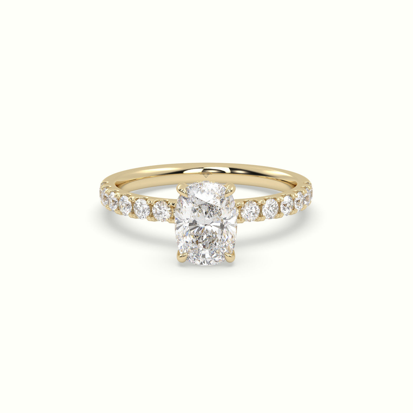 Cushion Cut Hidden Halo Side Stone Engagement Ring — Yellow Gold