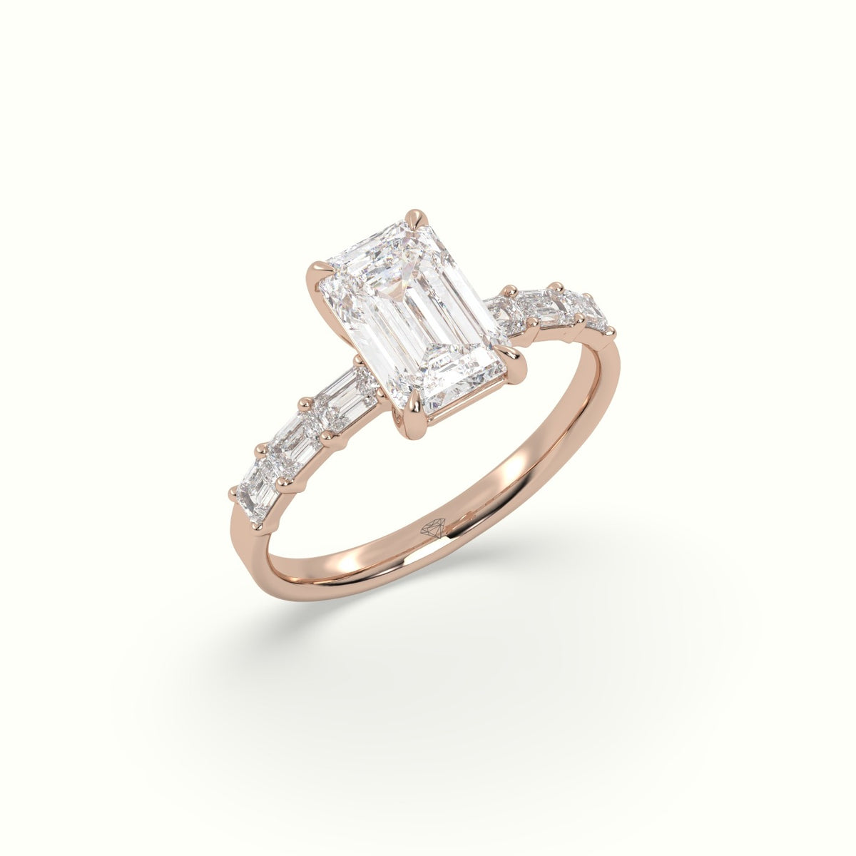 Emerald Cut Diamond Engagement Ring With Baguette Side Stones — Rose Gold