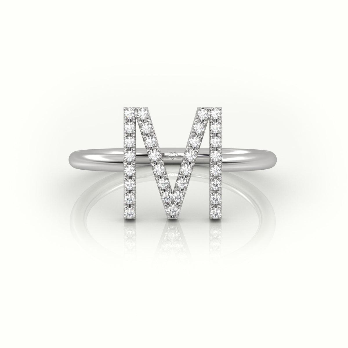 Round Cut Diamonds “M” Initials Monogram Alphabet Ring — White Gold