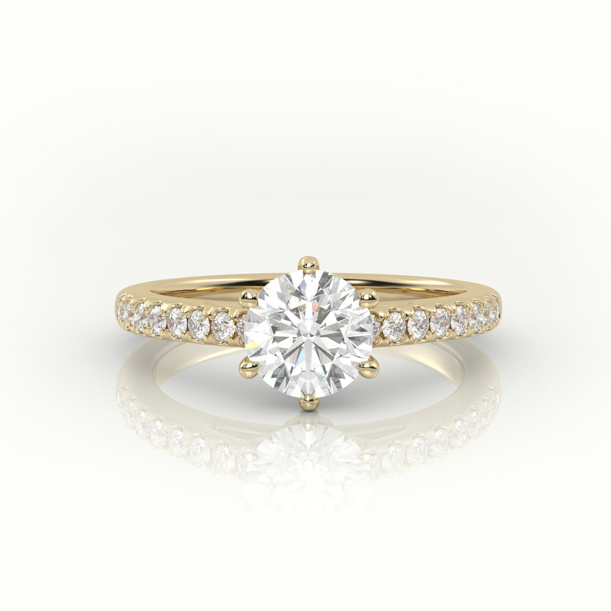 Round Cut Diamond 6 Prongs Pave Setting Engagement Ring — Yellow Gold