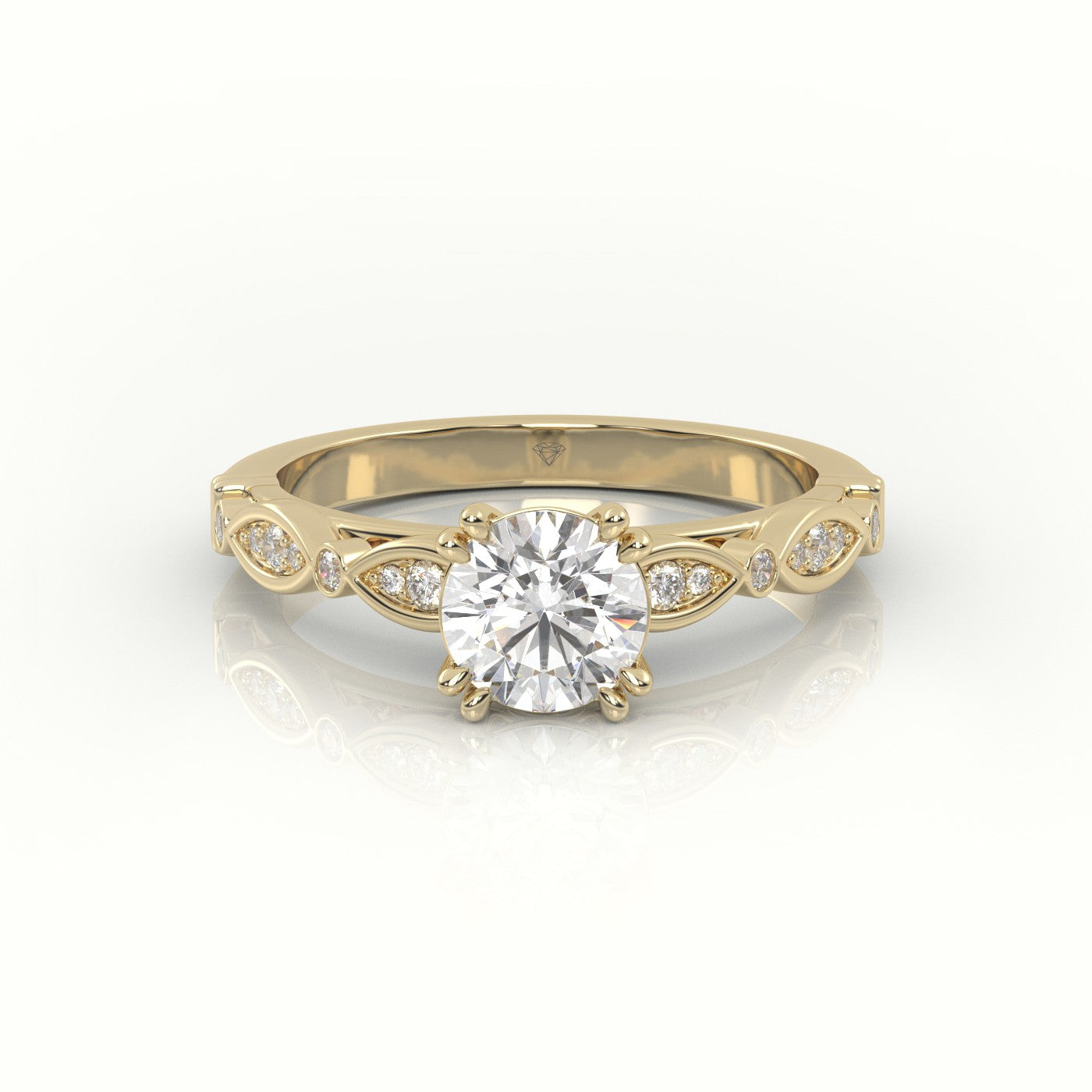 Round Cut Diamond 8 Prongs Designer Vintage Engagement Ring — Yellow Gold