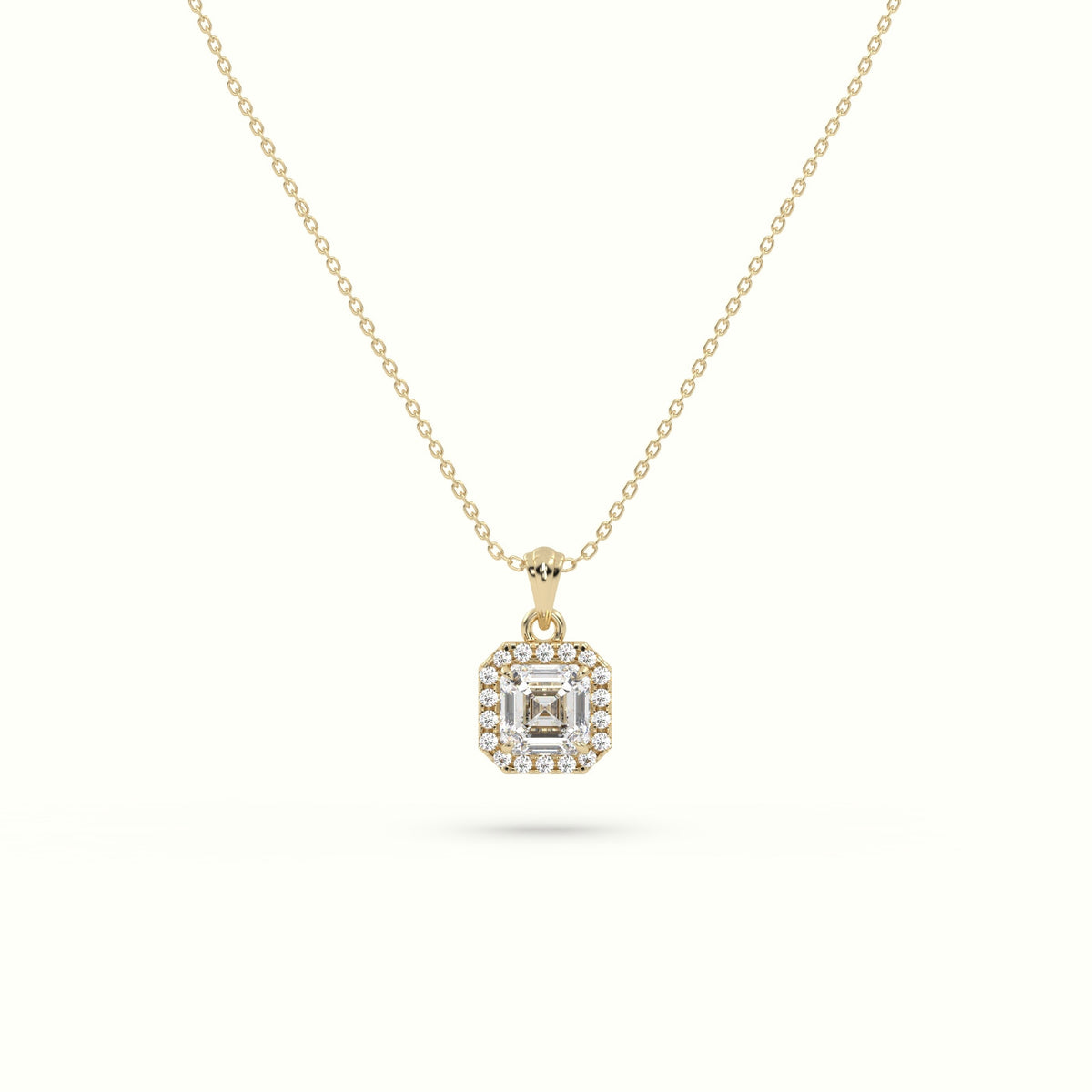 Ascher Cut Solitaire Halo Diamond Pendant — Yellow Gold