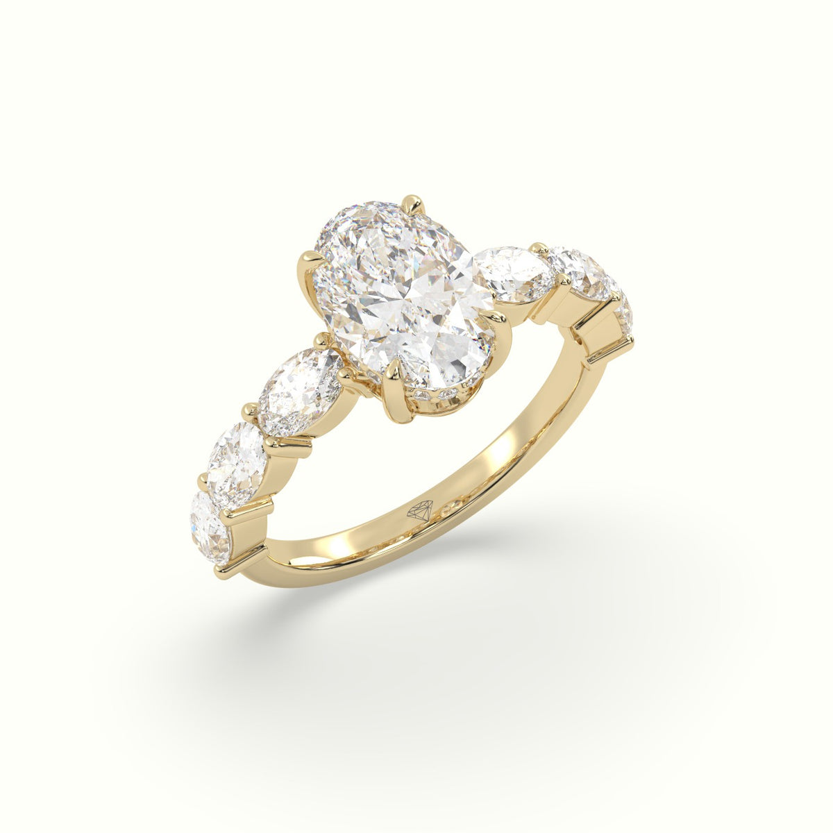 Oval Diamond Engagement Ring With Side Ovals — Yellow Gold