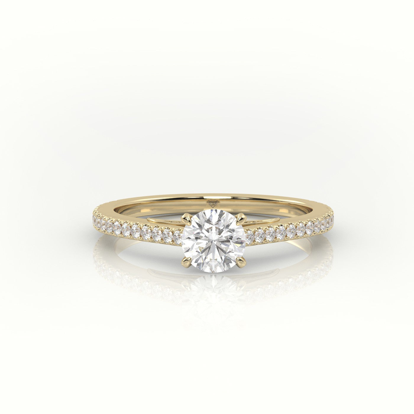 Brilliant Round Cut Diamond 4 Prongs Pave Setting Engagement Ring — Yellow Gold
