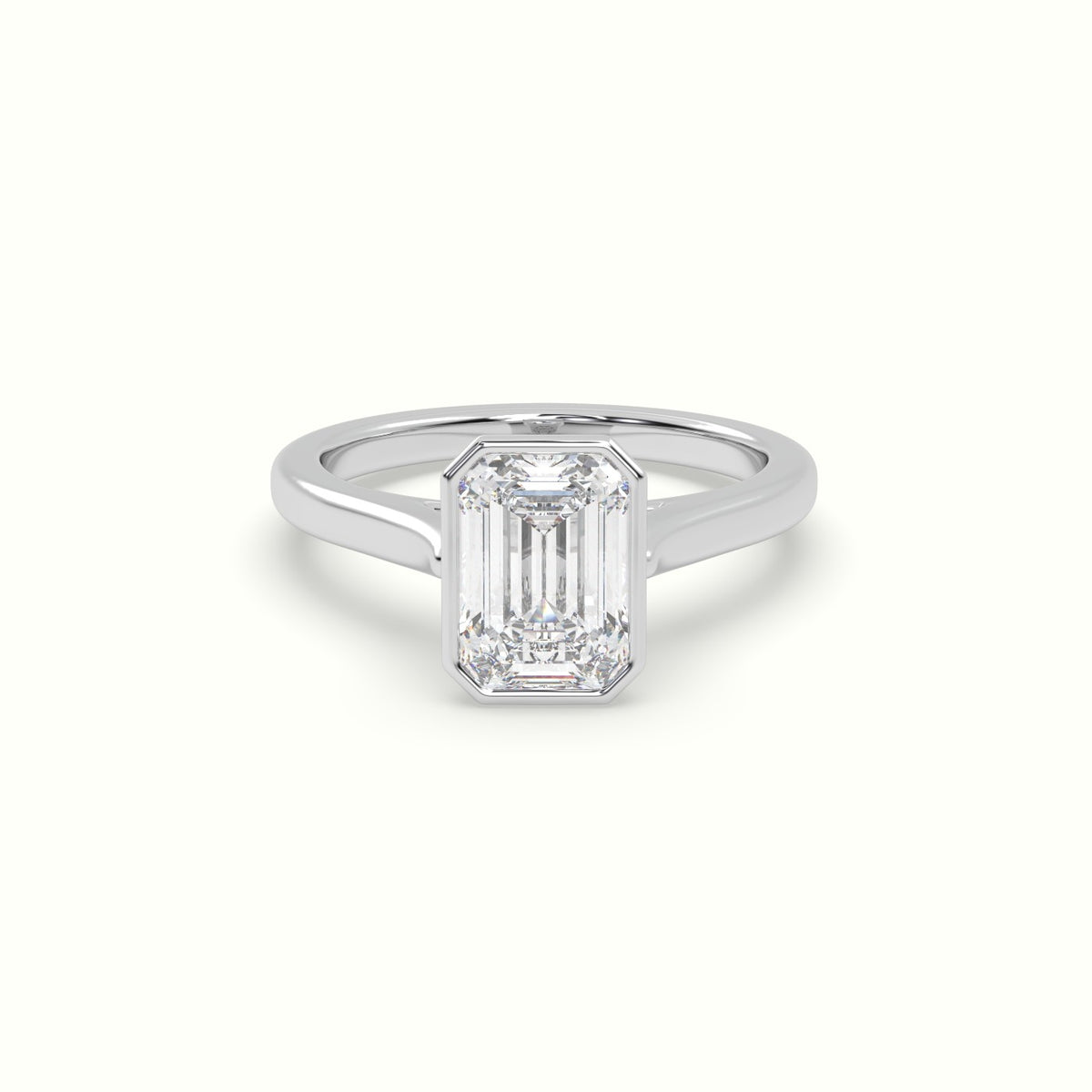 Emerald Cut Diamond Bezel Set Engagement Ring — White Gold