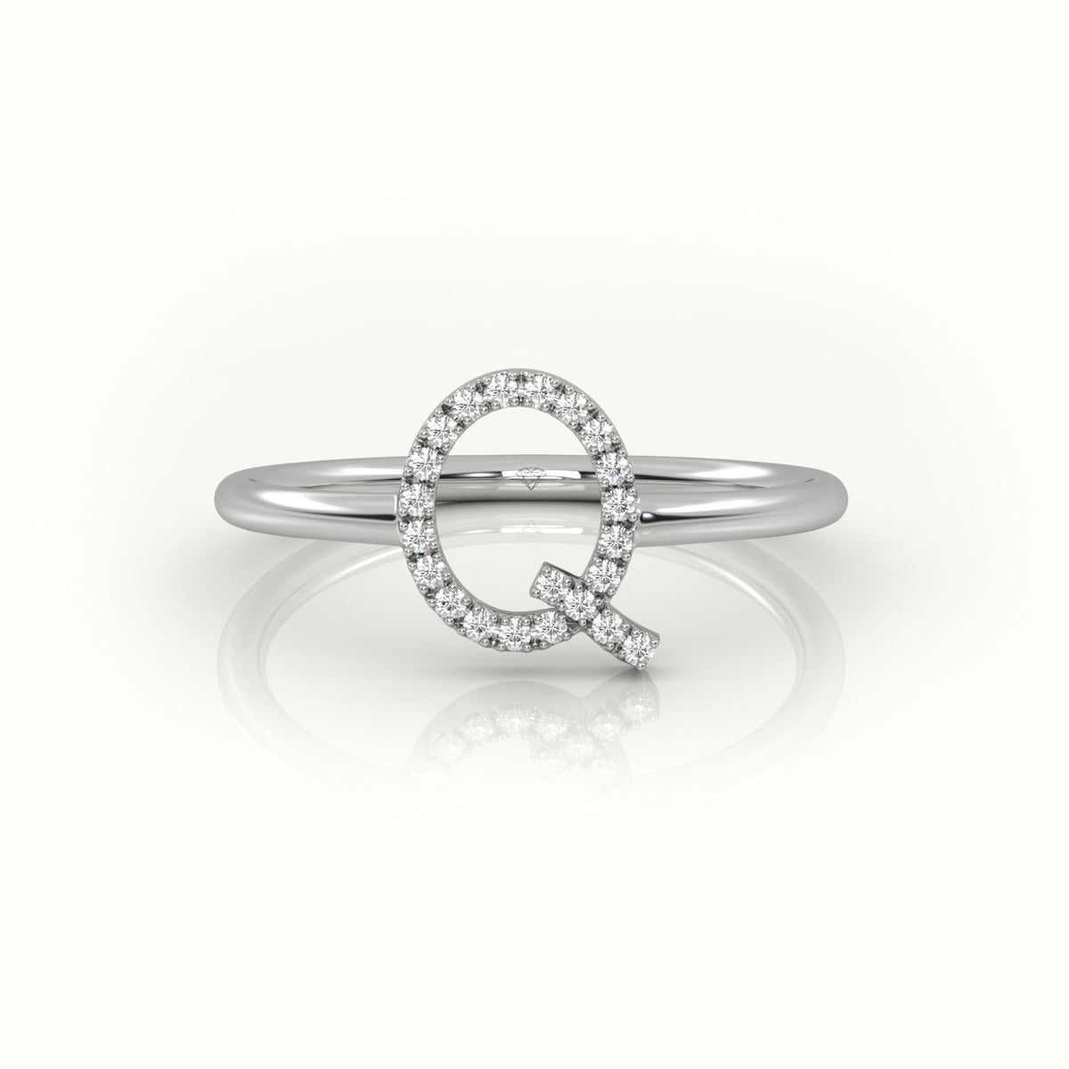 Round Cut Diamonds “Q” Initials Monogram Alphabet Ring — White Gold
