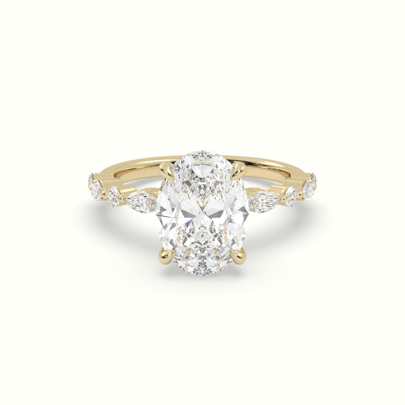 Oval Center Diamond Engagement Ring With Marquise And Round Side Stones — Yellow Gold