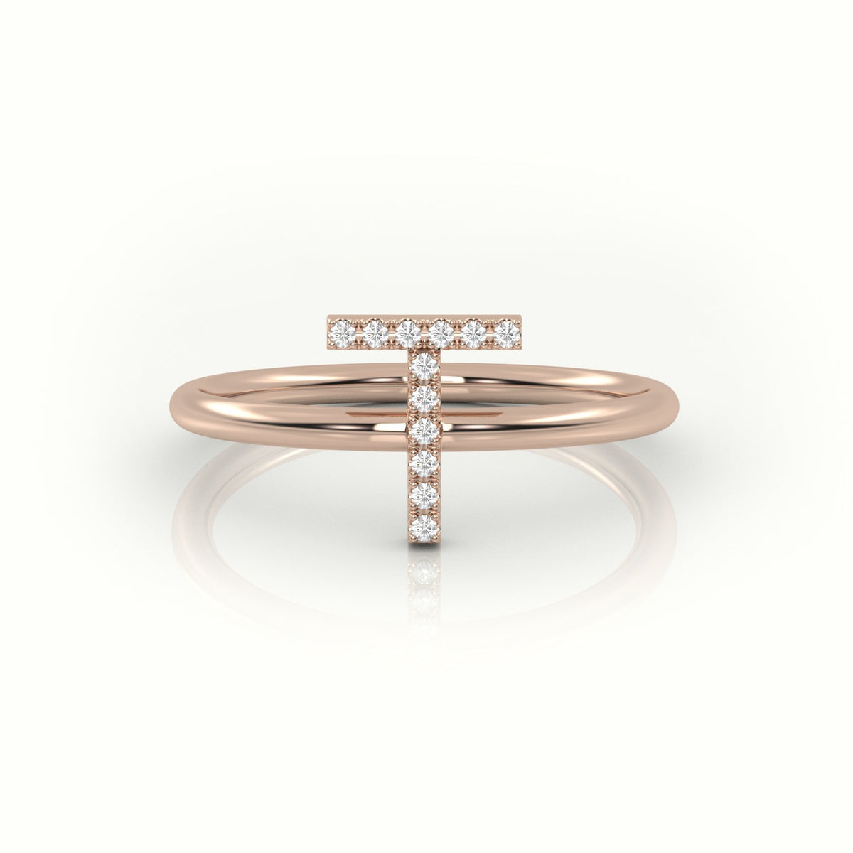 Round Cut Diamonds “T” Initials Monogram Alphabet Ring — Rose Gold