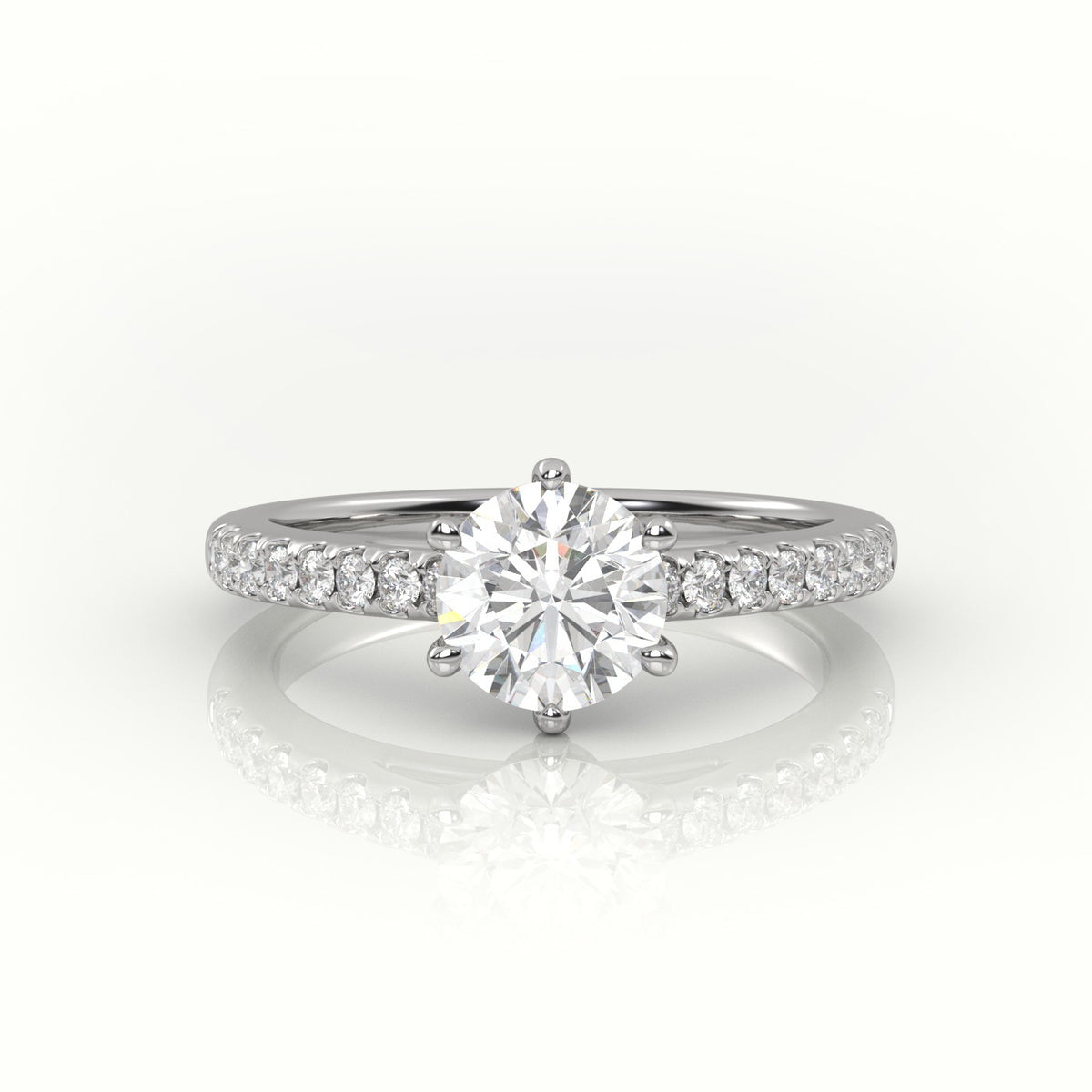 Round Cut Diamond 6 Prongs Pave Setting Engagement Ring — White Gold