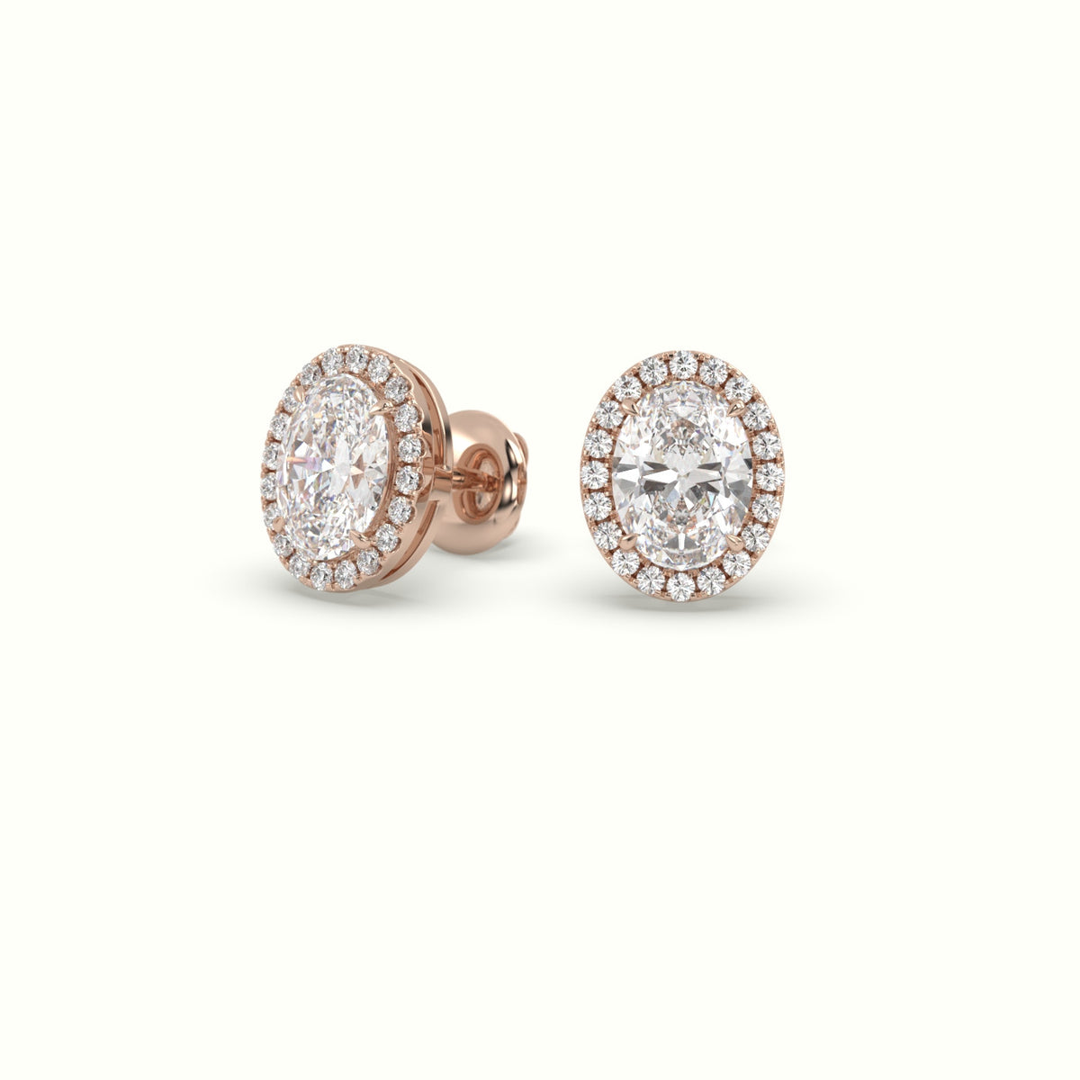 Oval Cut Solitaire Lab-Grown Diamond Halo Stud Earrings 18K Rose Gold