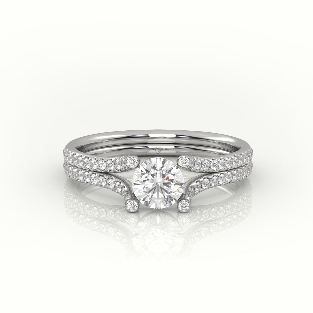 Round Cut Diamond Scallop Setting Designer Engagement Ring — White Gold
