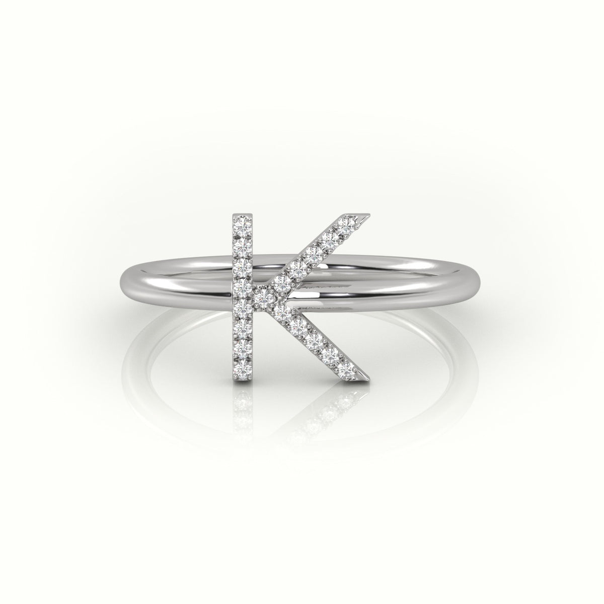 Round Cut Diamonds “K” Initials Monogram Alphabet Ring — White Gold