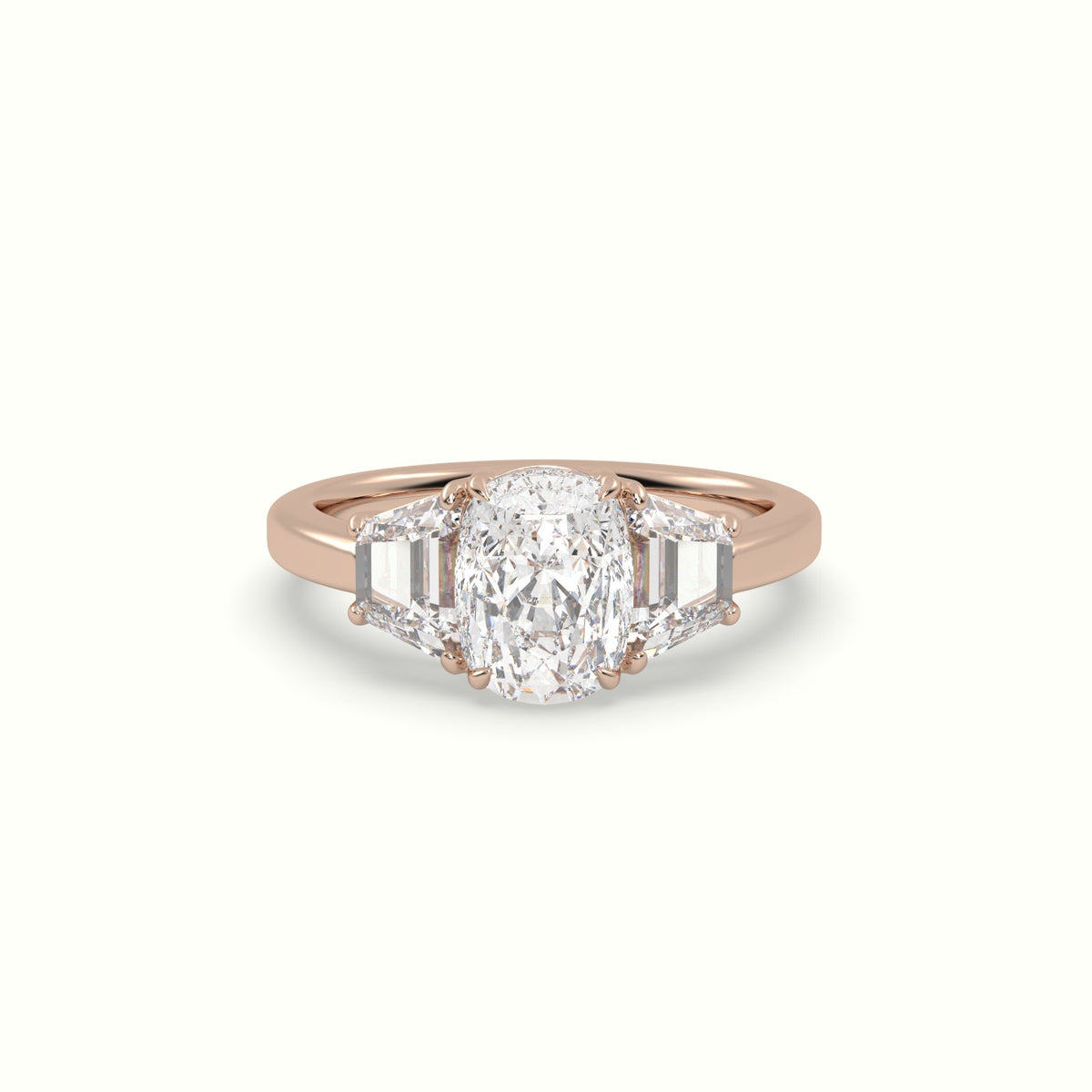 Cushion Diamond Trilogy Trapezium Engagement Ring — Rose Gold