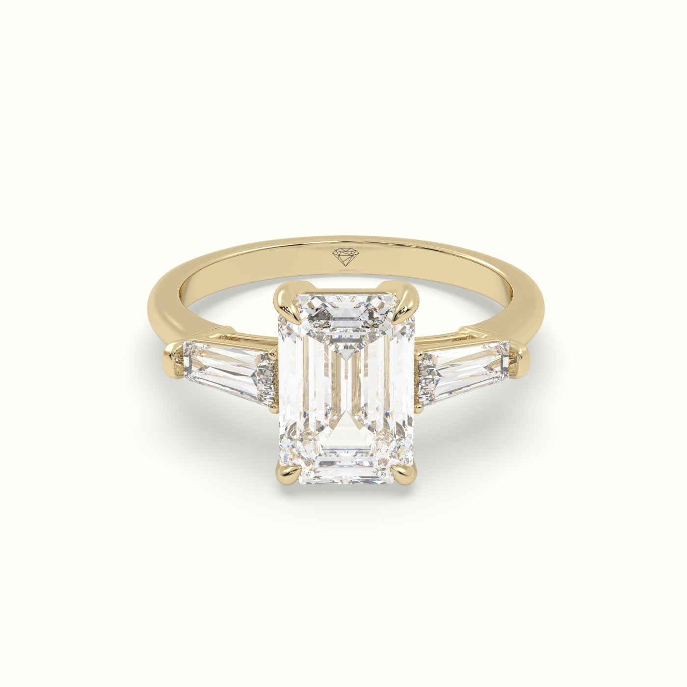 Emerald Cut Diamond Trilogy Engagement Ring — Yellow Gold