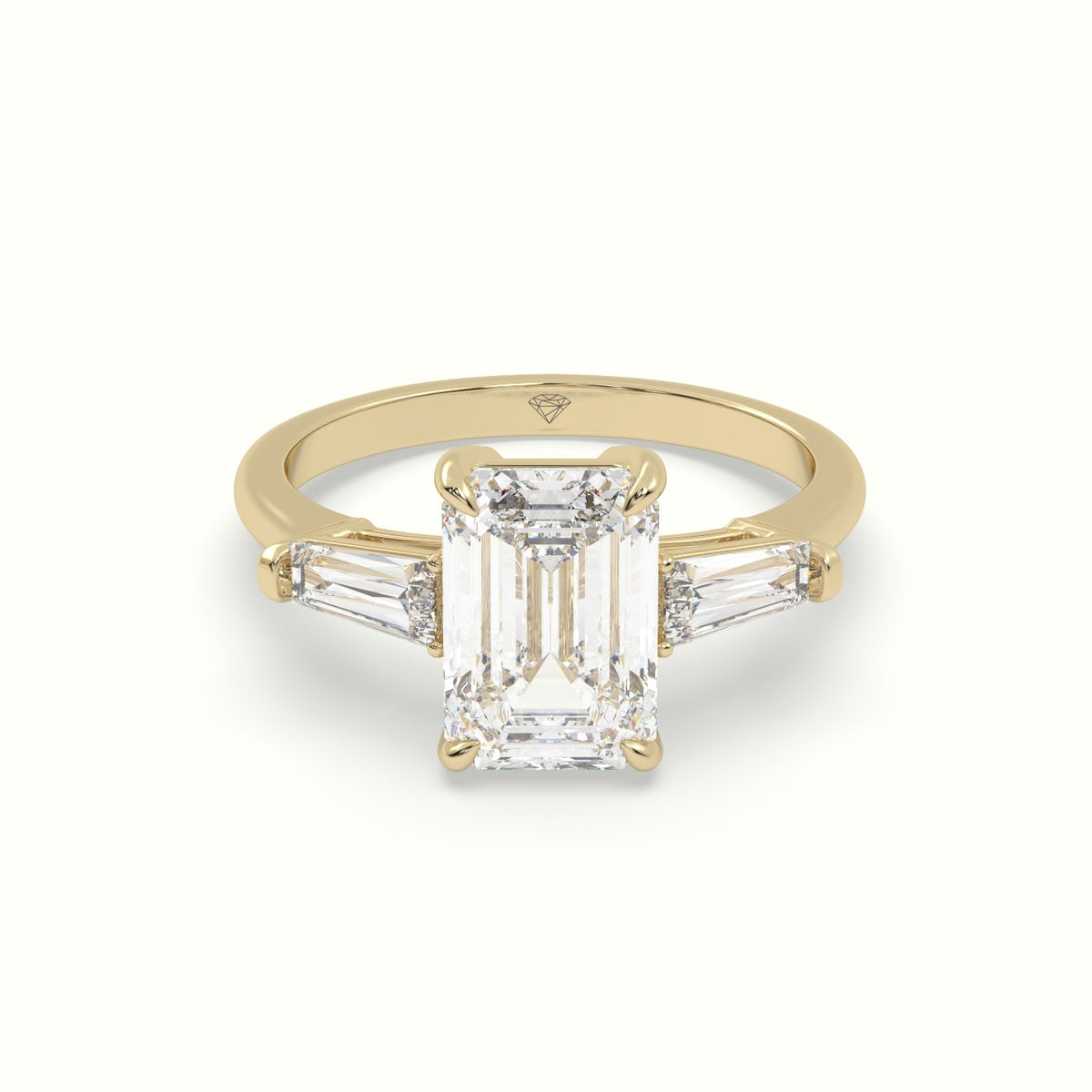 Emerald Cut Diamond Trilogy Engagement Ring — Yellow Gold