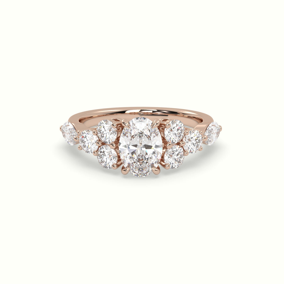 Oval Diamond Engagement Ring With Round And Marquise Side Stones — Rose Gold