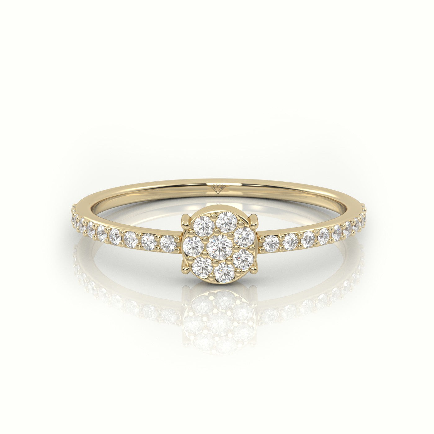 Round Cut Diamond 4 Prongs Pave Setting Designer Ring — Yellow Gold